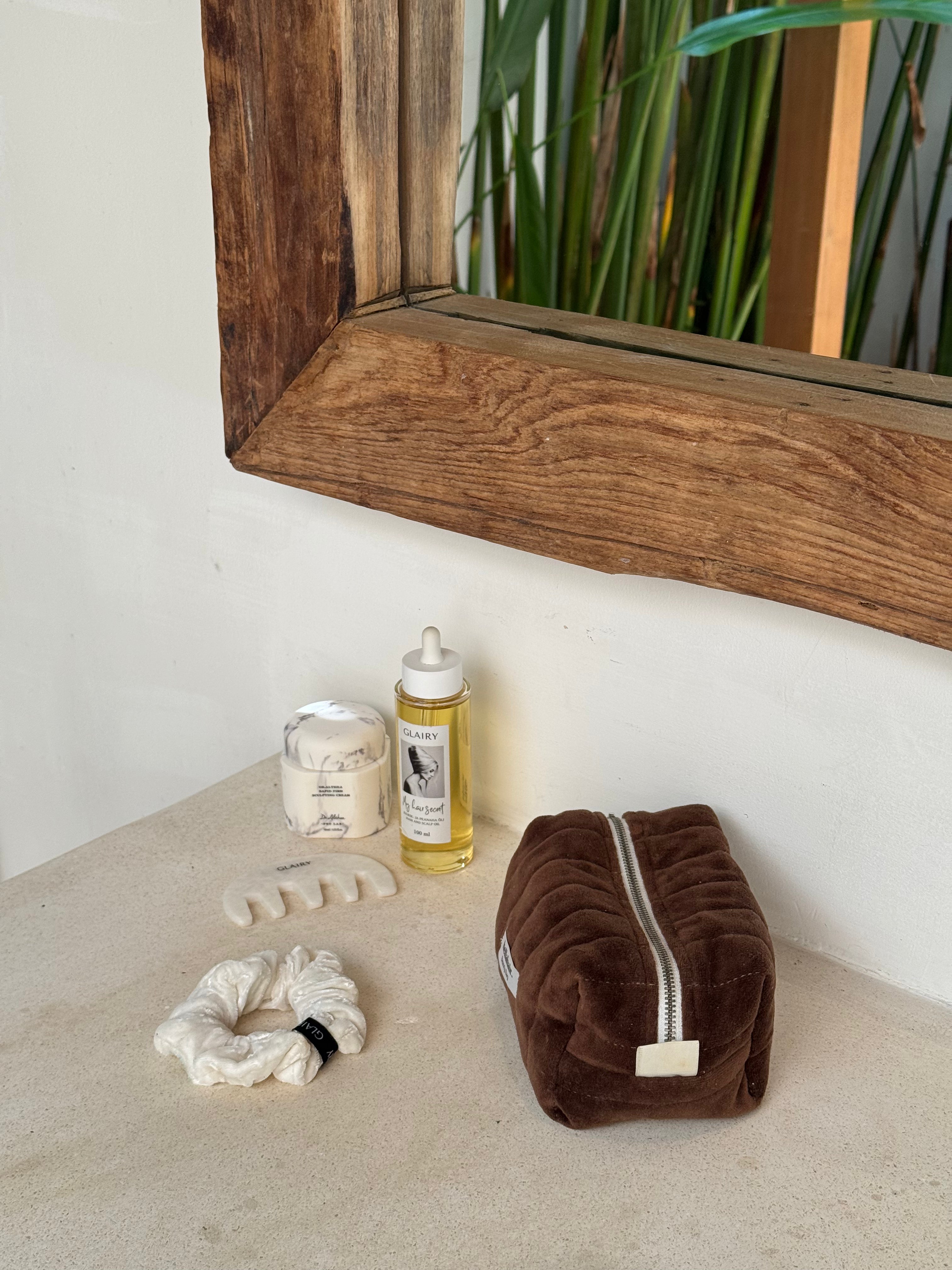 Juuksehoolduskomplekt Glairy My hair secret juukseõli, Valge scrunhie ja Gua sha massaazikamm